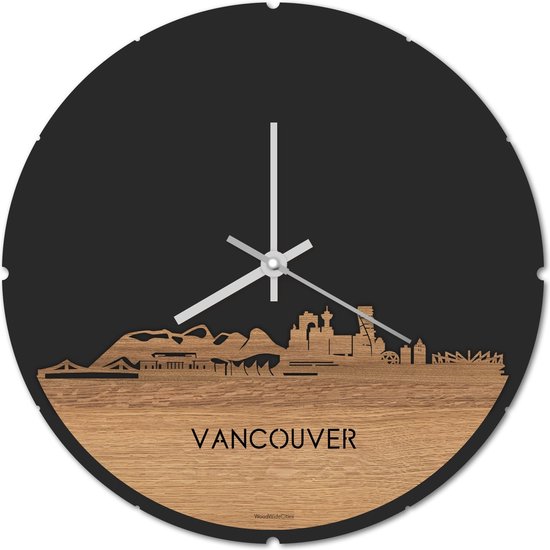 Skyline Klok Rond Vancouver Eikenhout - Ø 44 cm - Stil uurwerk - Wanddecoratie - Meer steden beschikbaar - Woonkamer idee - Woondecoratie - City Art - Steden kunst - Cadeau voor hem - Cadeau voor haar - Jubileum - Trouwerij - Housewarming -