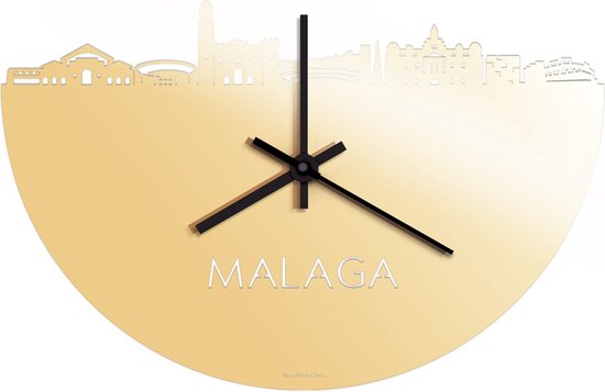 Skyline Klok Malaga Goud Metallic - Ø 40 cm - Stil uurwerk - Wanddecoratie - Meer steden beschikbaar - Woonkamer idee - Woondecoratie - City Art - Steden kunst - Cadeau voor hem - Cadeau voor haar - Jubileum - Trouwerij - Housewarming -