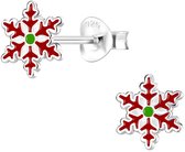 Joy|S - Zilveren kerst oorbellen - sneeuwvlokje rood