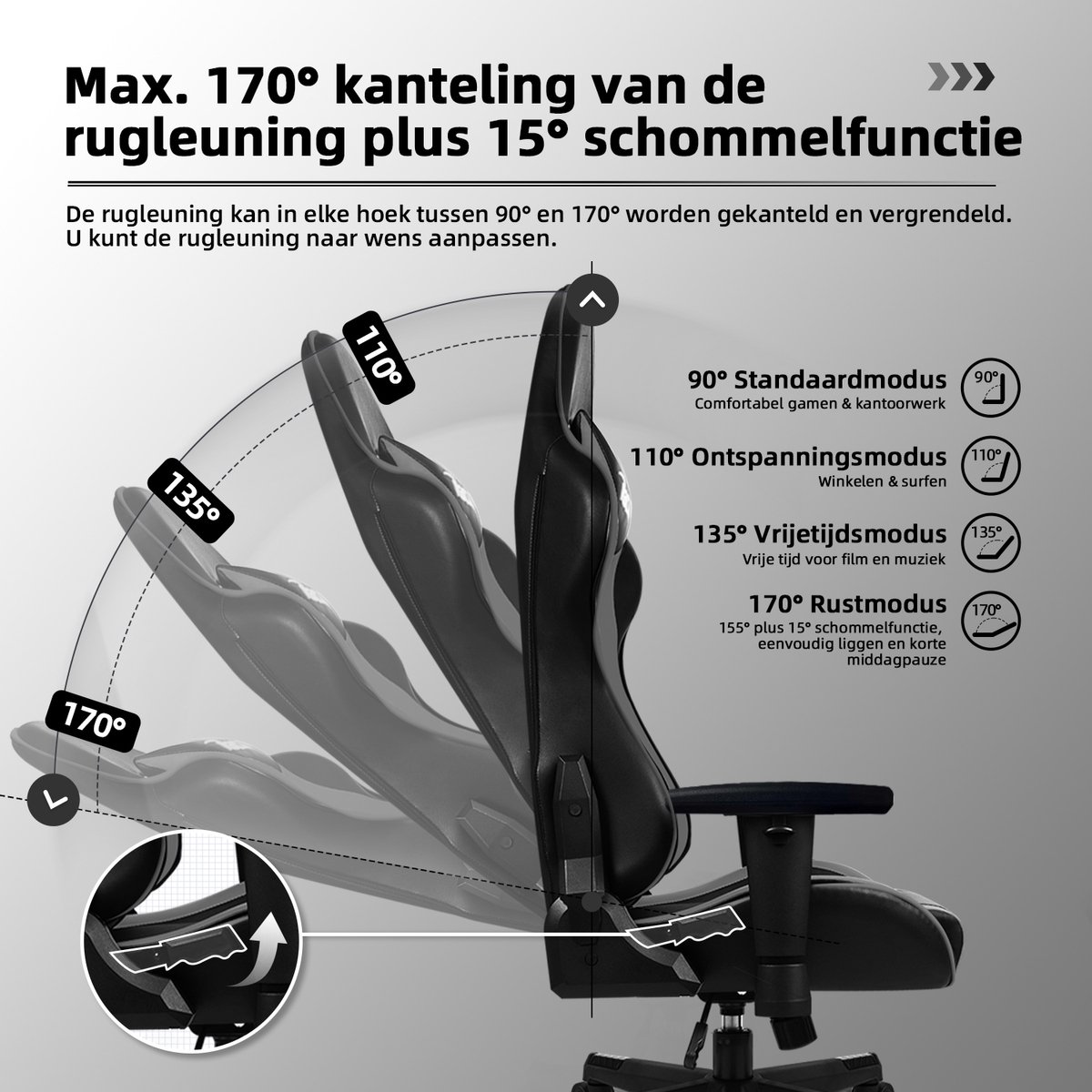 Afbeelding 2 van Elekiatech Gaming Stoel – Gamestoel met 90°-170° Verstelbare Rugleuning – Racing Style – Max. 150 kg – Grijs/Zwart