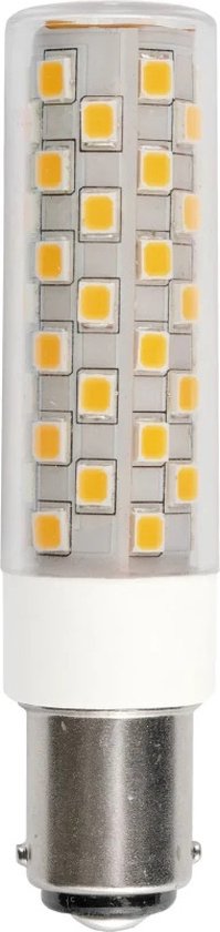 Gedetailleerde LED lamp met BA15D fitting, transparante behuizing met zichtbare gele LED's.