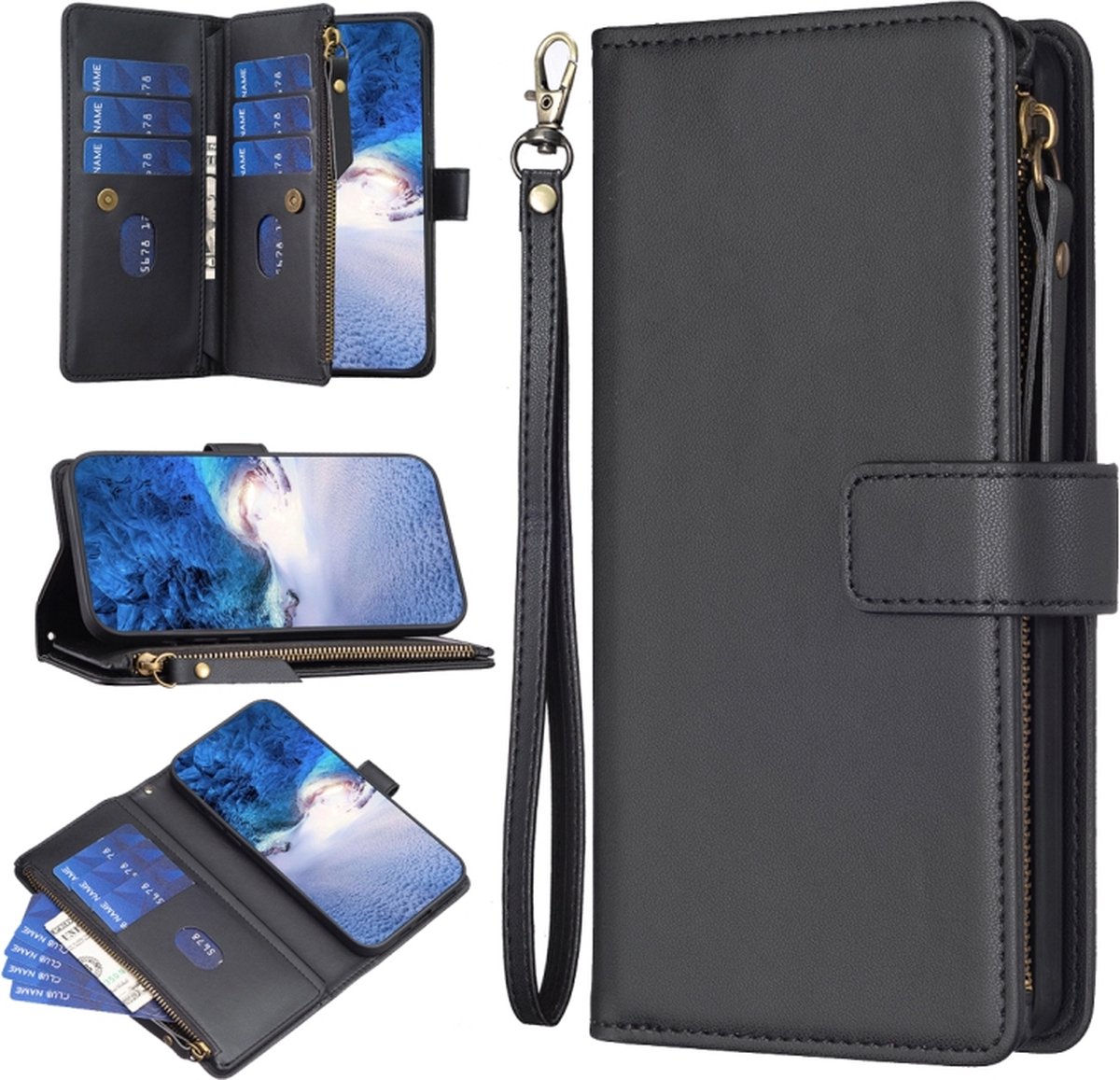 Oppo A58 4G - Portemonnee met rits - book-case hoesje - ruimte voor 9 pasjes - zwart