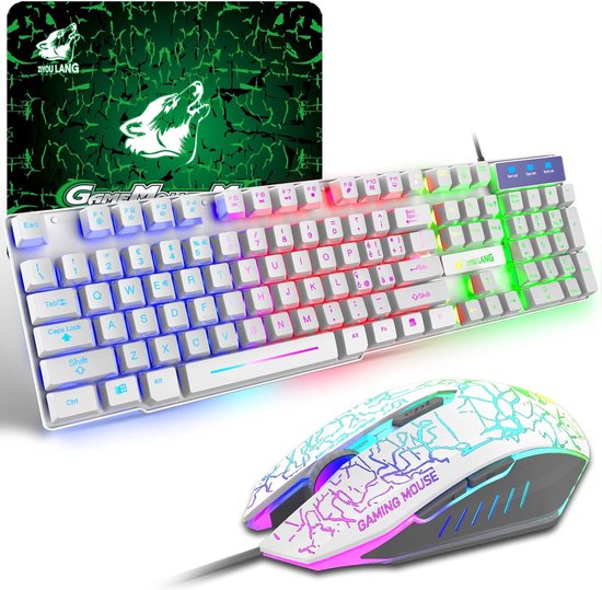 StayPowered Gaming Toetsenbord, Muis & Muismat Set - Maximale Prestaties en Stijl voor Gamers! - LED Verlichting - QWERTY Gaming Layout - Instelbare Verlichting - Antislip Grip - Plug and Play - Wit - Levering Sneller dan Aangegeven!