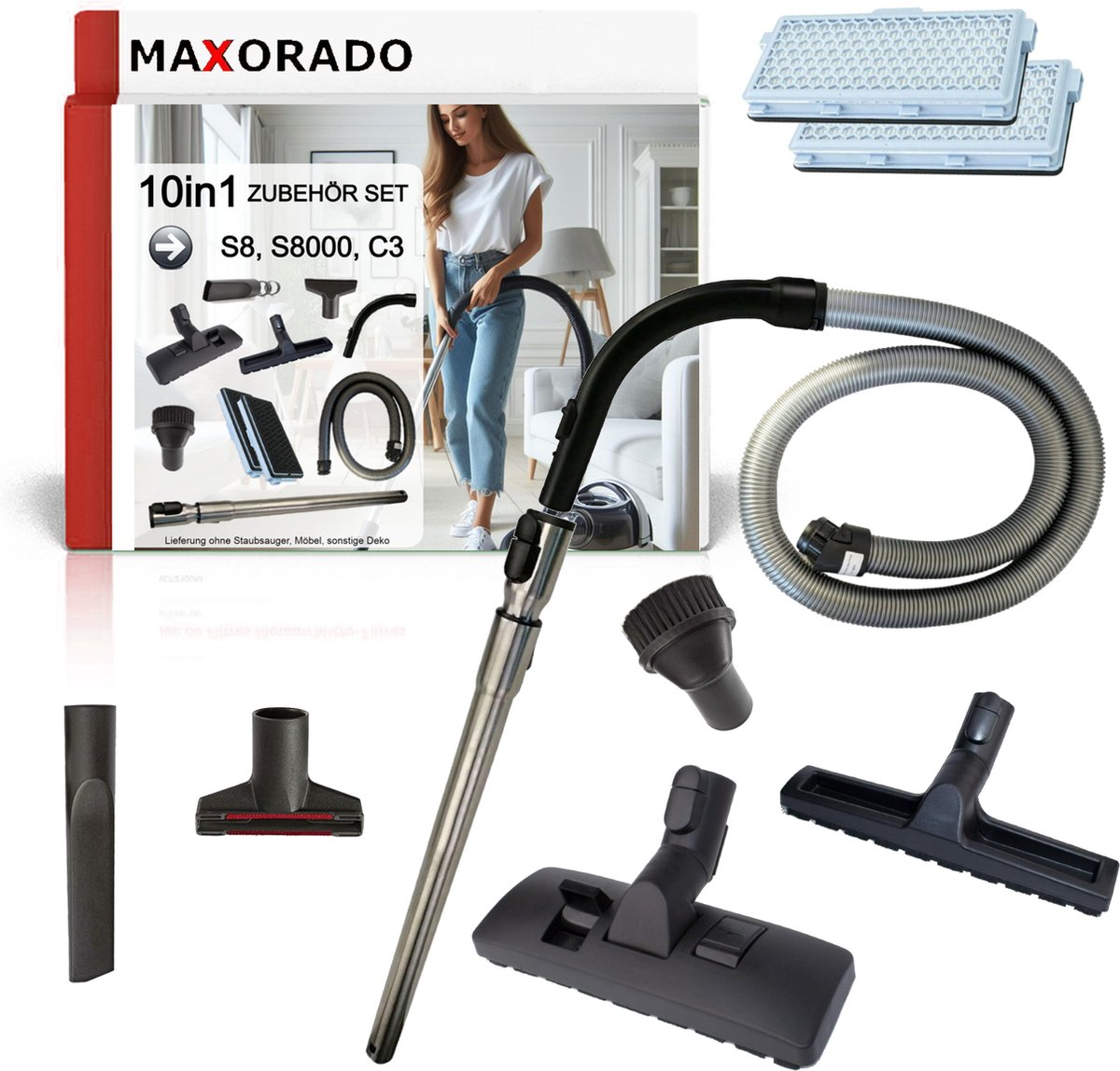MAXORADO Stofzuiger Set 10-delig - Combizuigmond + parketborstel + telescopische buis + handgreep + 1,8m flexibele slang + meubelborstel + spleetmondstuk + bekleding opzetstuk + 2 HEPA filter - geschikt voor Miele C3, S8, S8 Serie