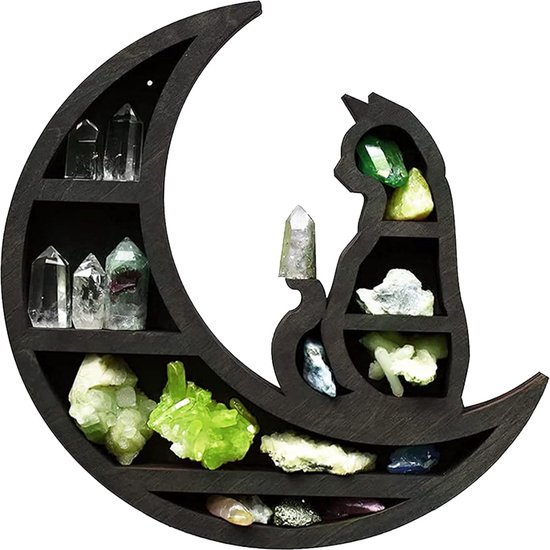 Chat sur la Lune Étagère en Bois en Cristal Étagère Flottante Murale Présentoir en Cristal Étagère de Lune pour Pierre de Cristal Huile Essentielle Petites Plantes Art Decor Home