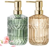 2 stuks zeepdispenser, groen roségoud glas, 390 ml vloeibare zeepdispenser van glas, pompfles lotiondouche voor keuken, badkamer, wasruimte (groen + roségoud)