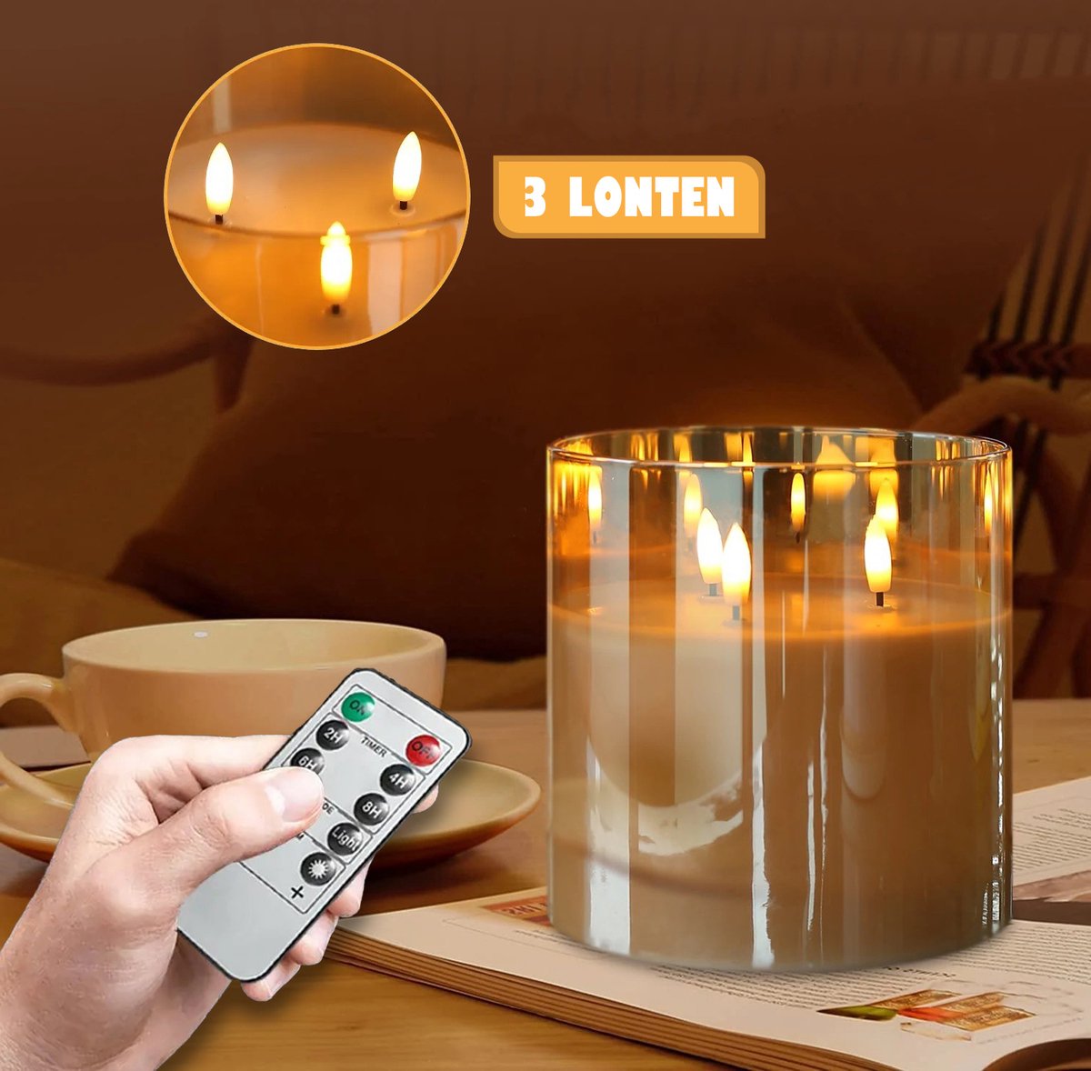 Meisterhome® Realistische LED kaars – Flikkerende vlam - 3 lonten - Echte waxkaars – 3x AA batterijen - met afstandsbediening - Timerfunctie – Dimfunctie – Amberkleurig - (ØxH) 15x15 cm