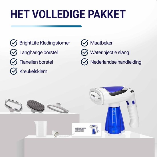 BrightLife Kledingstomer - Handstomer - Stoomapparaat kleding - 3 opzetstukken - Stoomreiniger - Snelle opwarmtijd - 1600W - 250ml - Blauw/wit
