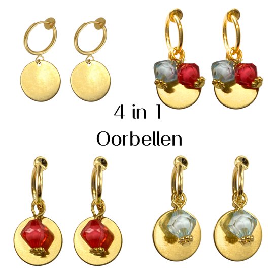 4 in 1 - klem oorbellen- goudkleurig- blauw- rood- geen gaatje- Charme Bijoux