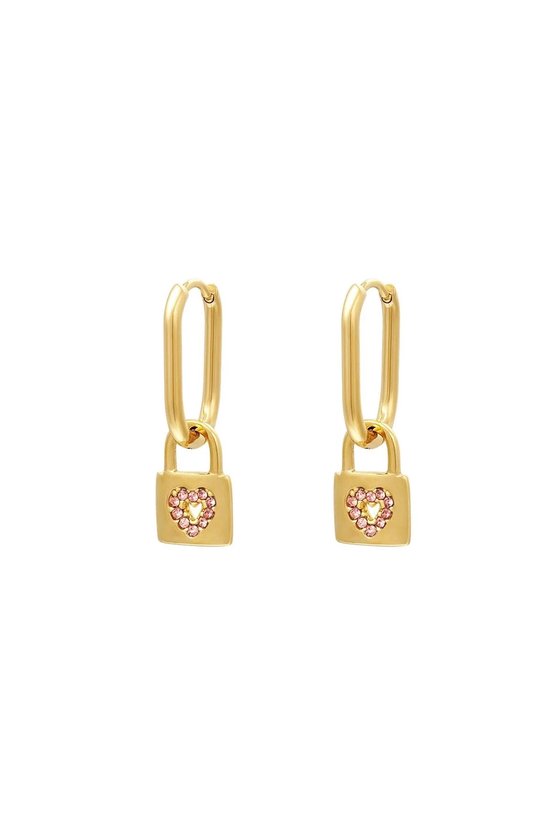 earrings - oorbellen - kleur goud met roze zirkonia steentjes - slot - nieuwe collectie - moederdag cadeau - valentijn kado tip - hart - heart - gift - present - kerst