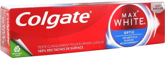 Colgate Max White Optic tandpasta met rode en witte verpakking. Gout Amélioré. Klinisch bewezen tot 100% oppervlaktetachen te verwijderen.