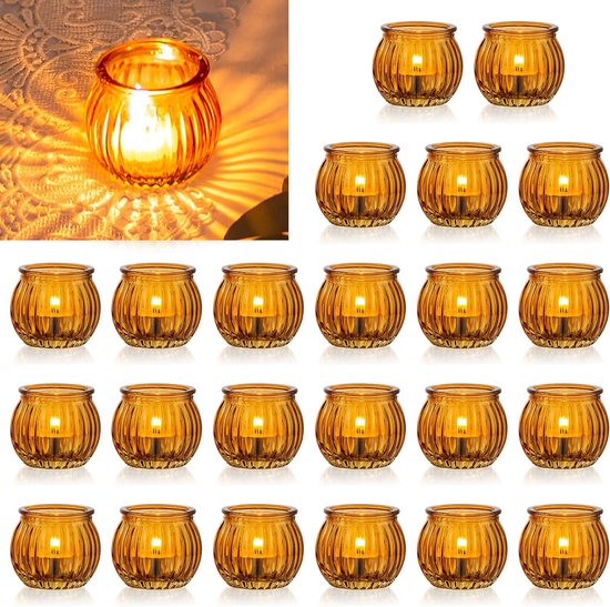 24 stuks amber votiefkaarsenhouders Kerstmis theelicht glazen vintage bulk kleine theelichtglas geribbeld bruiloft tafeldecoratie woonkamer