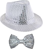 Toppers - Carnaval verkleedkleding setje - glitter hoedje en vlinderstrikje - zilver - volwassenen - met pailletten