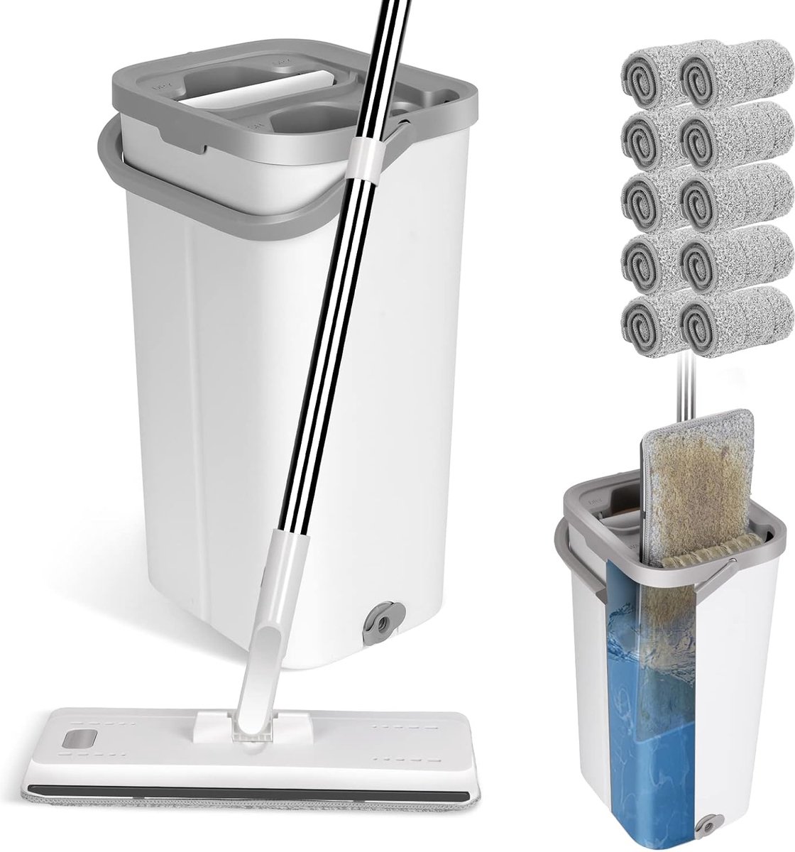 Goedkoopste Dweilmopset met emmer, vloerwisserset met 10 microvezelpads en lange roestvrijstalen handgreep, poetsemmer met dweilmop met uitwringfunctie voor alle vloeren, wit