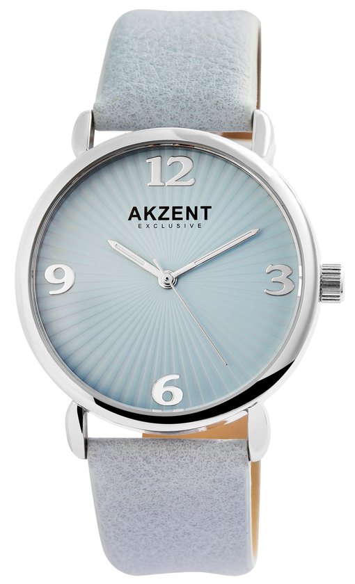 Akzent-Dames horloge-Analoog-Rond-38MM-Zilverkleurig-Blauw lederen band.