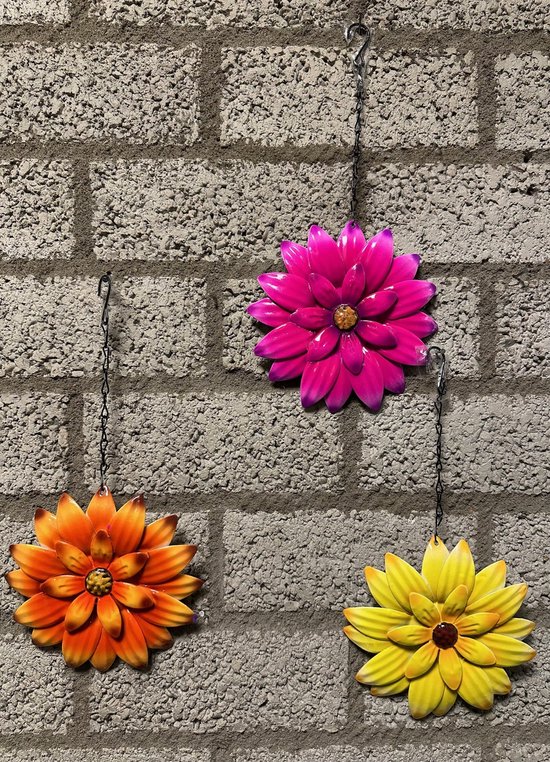 Metalen decoratie tuin hangers "bloemen" - Set van 3 stuks - Meerkleurig - hoogte 31 x 16 x 1 cm - Woonaccessoires - Decoratieve hangers - Tuinaccessoires