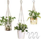 Macramé plantenhanger, plantenhanger voor binnen en buiten, balkon, tuindecoratie, set van 3 katoenen touw hanglampen