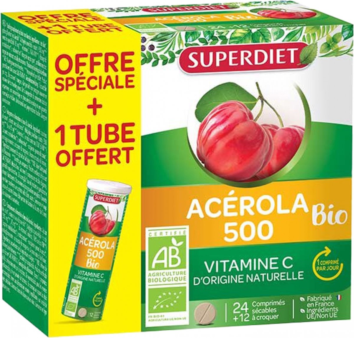 Goedkoopste Superdiet Acerola 500 Organic 24 Tabletten 12 Gratis Tabletten