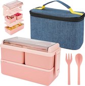 Lunchbox van 1400 ml met 3 compartimenten - 2-laags lekvrije Bento-box met geïsoleerde tas en bestek, maaltijdbereidingscontainer voor volwassenen, kinderen, studenten, kantoor, magnetronbestendig beschikbaar (roze)