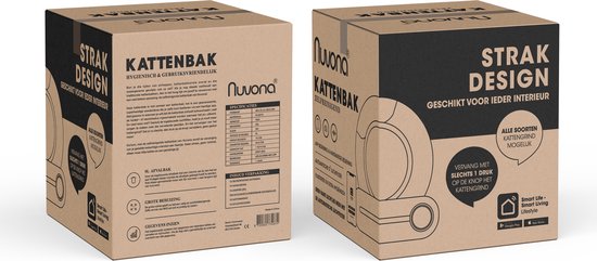 Twee kartonnen dozen van de Nuvona zelfreinigende kattenbak met Nederlandse tekst en afbeeldingen van de kattenbak.