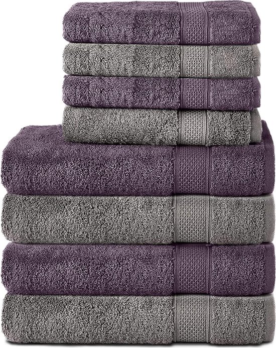 Set van 8 handdoeken van 100% katoen, 4 badhanddoeken 70x140 en 4 handdoeken 50x100 cm, badstof, zacht, groot, antraciet, grijs/violet