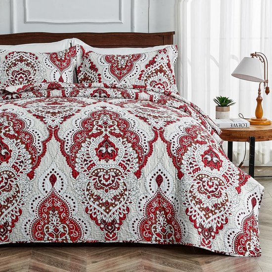 Sprei, bedsprei, 220 x 240 cm, rood, microvezel sprei, set met 2 kussenslopen 50 x 75 cm, voor tweepersoonsbed, vintage barok bedsprei, licht en dun dekbed voor zomer, omkeerbaar design