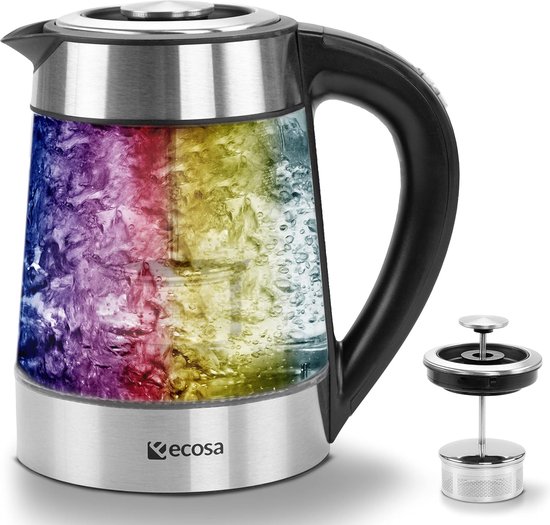 Glazen waterkoker met theezeefje en kalkfilter, 1,7 liter, temperatuurinstelling 40-100 °C, 2200 W, roestvrij staal met temperatuurkeuze