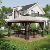 Pavillon de jardin carré 4x4m avec 4 voilages et hauteur réglable, protection UV et double toit en beige