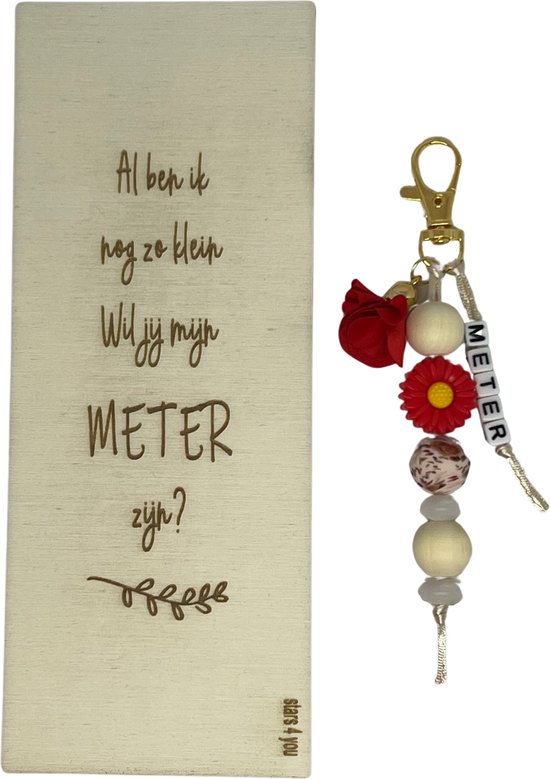 Sleutelhanger wil jij mijn Meter zijn? | ROOD | bloem | doosje met een vraag | meter vragen | meter worden | peettante vragen | peettante worden