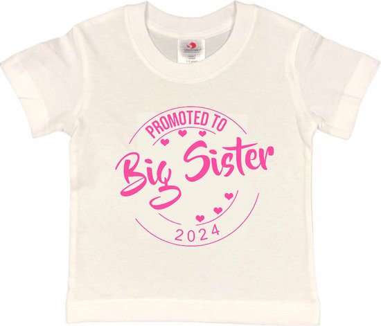 Shirt Aankondiging zwangerschap Promoted to Big Sister 2024 | korte mouw | wit/roze | maat 122/128 zwangerschap aankondiging bekendmaking Baby big sis sister Grote Zus