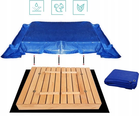 Een blauw afdekzeil ligt over een houten zandbak heen. Eronder ligt een gesloten zandbak en de losse zeil.