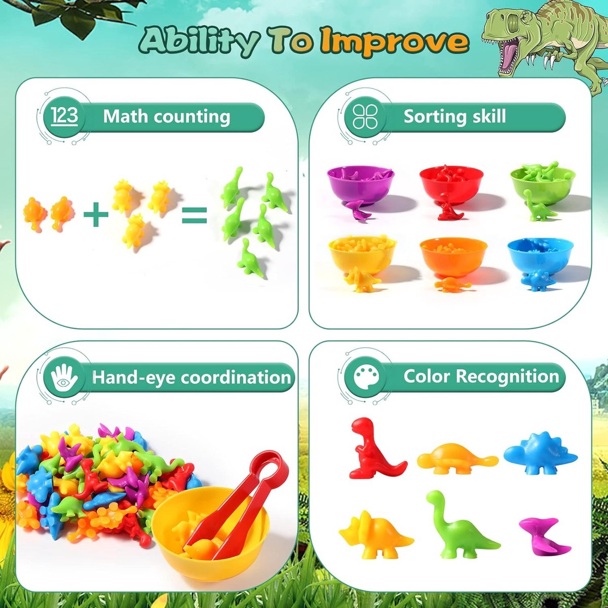 SAMISO Montessori Speelgoed,48pcs Educatief Speelgoed Kleurencombinatiespel Dinosaurus Tellen En Sorteren Met Kom Dobbelstenen Pincetten Sorteerspeelgoed Voor Kinderen Van 3 Tot 5 Jaar 1013932725