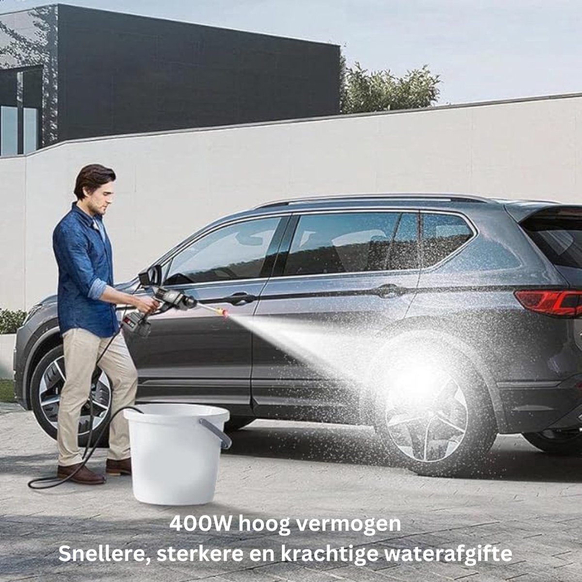 Snoerloze Hogedrukreiniger, 400 W Draagbare Krachtige Reiniger, 1200 MAh Batterijvoeding, Handheld 90 Bar Hogedruk Autowaspistool 3‑5 M Bereik (EU- stekker