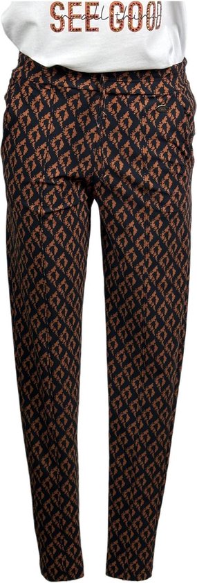 Nous - Casual broek - Bruine print - Taillekoord - Travelstof - Maat M - In 5 maten verkrijgbaar