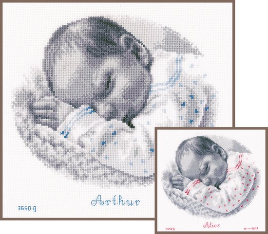 borduurpakket PN0169612 baby slaapt, geboorte (incl. blauw/rose garen)