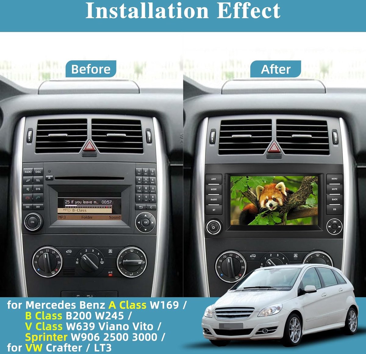 Android Car Radio for Mercedes Benz W169 W245 B160 B170 B180 B200 W639 Vito Viano W906 Sprinter with Wireless Carplay Android Car Navi GPS WiFi 9 inch with Bluetooth FM/RDS/DAB Rear View