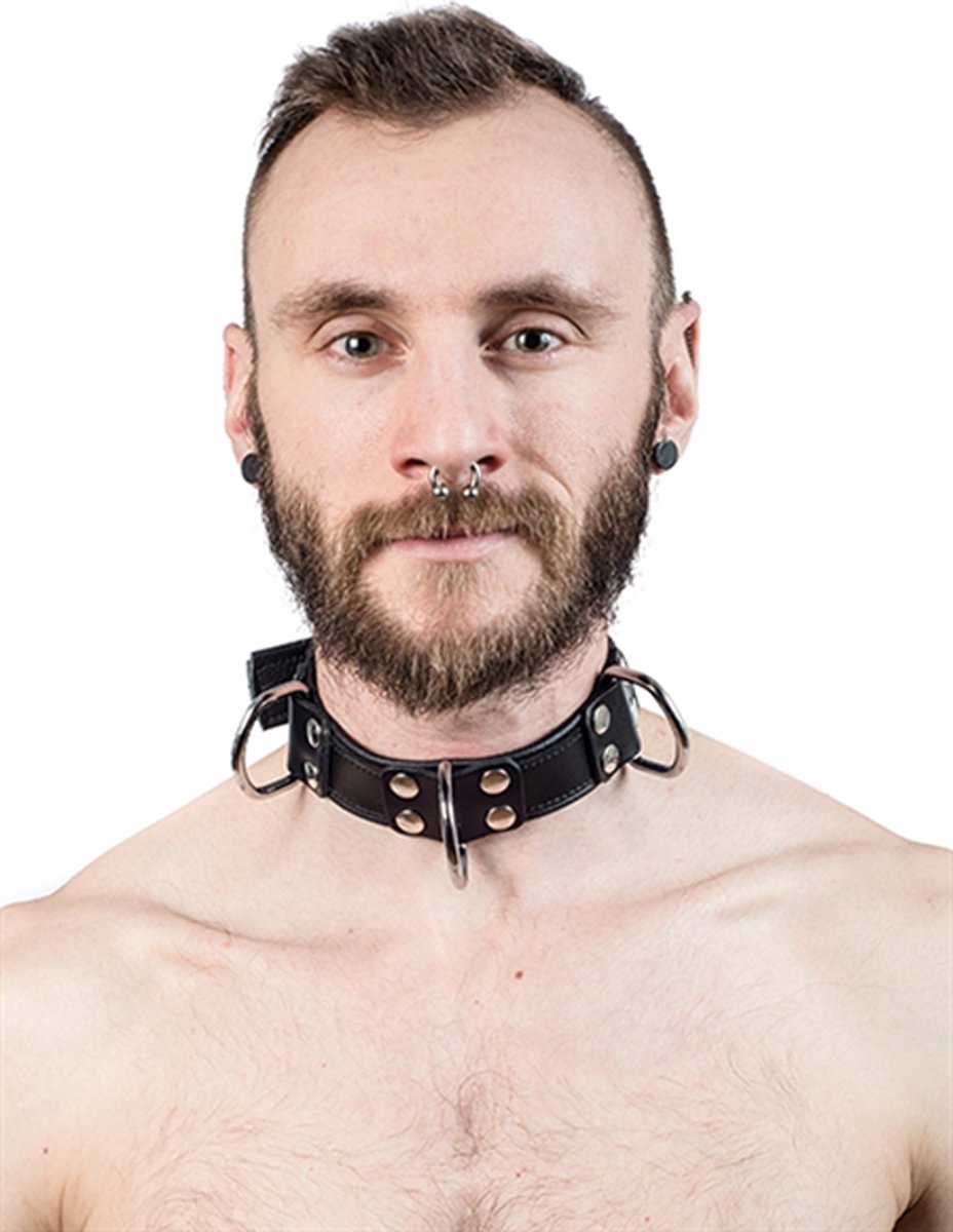 Mister B - Leren Slavenhalsband met 4 d-ringen - zwart