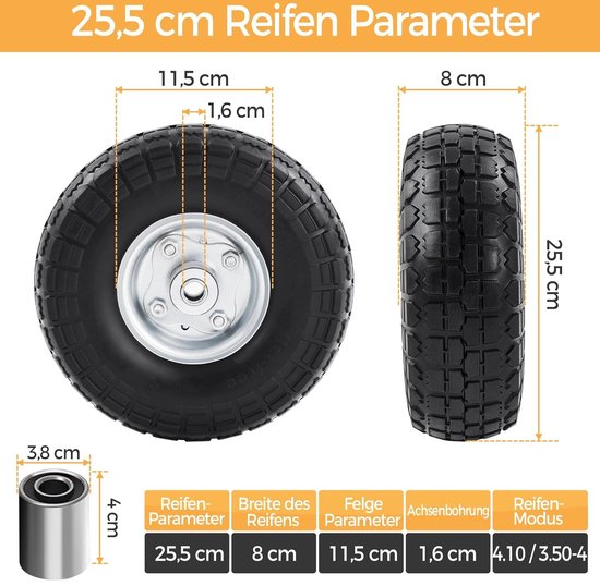 1 x PU-wiel ØxB:255 x 80 mm, 4.10/3.50-4 kruiwagenbanden, steekwagenwiel, bolderkar reservewiel, met metalen velg, 16 mm as banden, lekbestendig en slijtvast HMTM-WW-60004-zwart/zilver van Merkloos	 — afbeelding 4