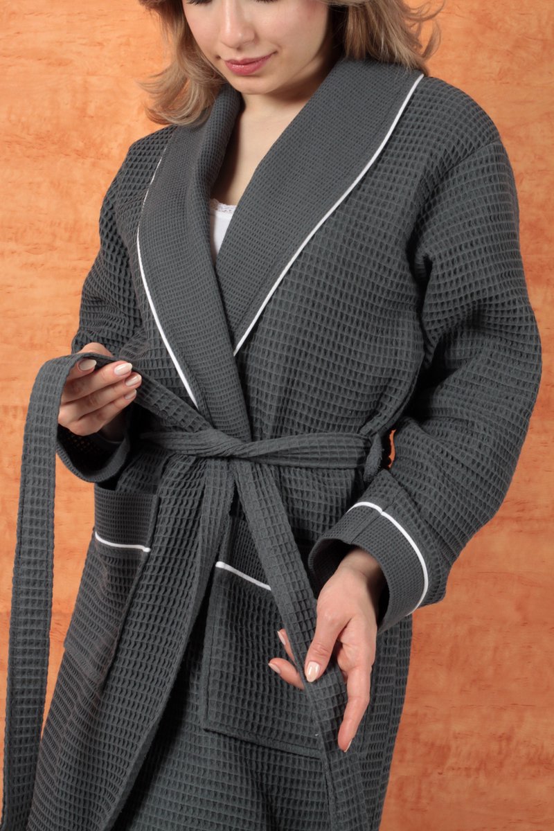 Betully ® - Unisex Wafelbadjas - Badjas van 100% Turks katoen - Antraciet - Wafelbadjas voor dames en heren - Kleine/middelgrote maat - Kamerjas - Sjaalkraag - Badjas voor dames - Badjas voor heren - Maat S / M - Antraciet
