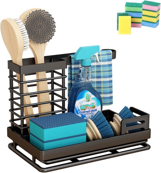 Gootsteen organizer - Voor vaatdoek en spons - zwart - 14,5 x 10 x 7,5 cm