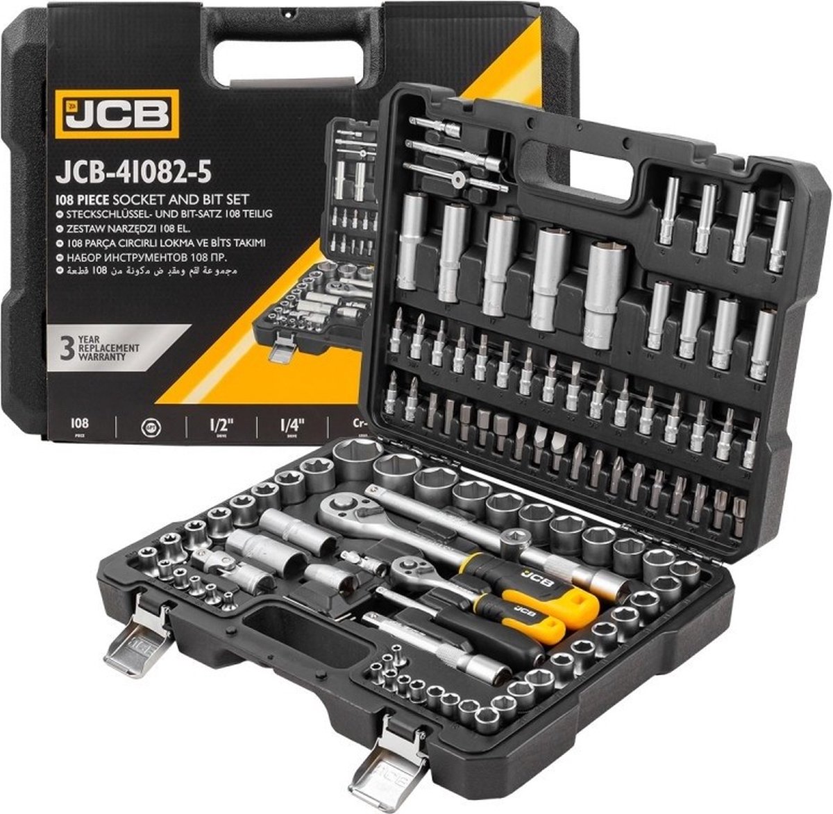 JCB Professionele 108-Delige Dopsleutel Set - Met Ratel, Momentsleutel & Verlengstuk - Hoogwaardig Chroom-Vanadiumstaal - Snelwisselsysteem - 1/4", 1/2" Inch
