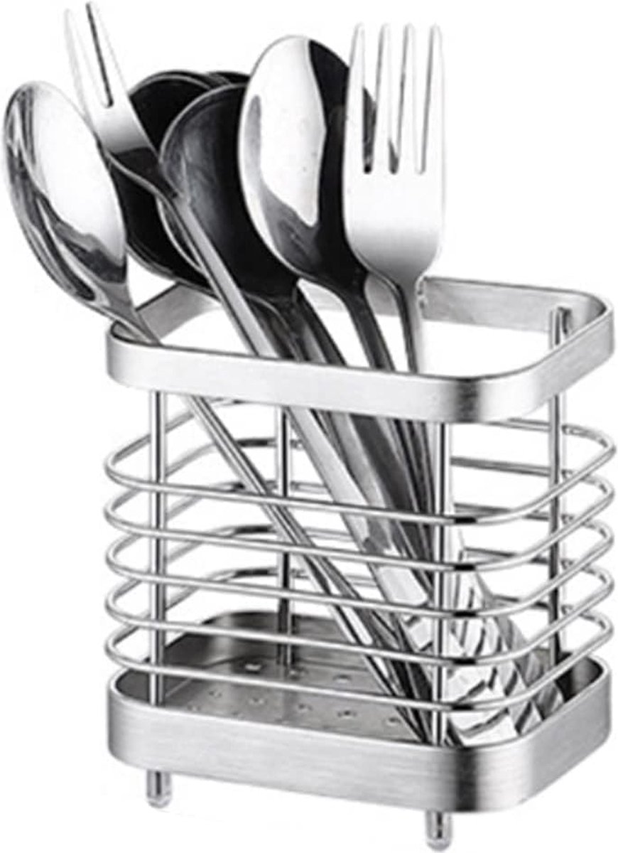 Keukengereihouder roestvrij staal, bestekhouder aanrecht bestekmand, spoelbak organizer accessoires voor het opbergen van keukengerei zilverware, zilver-10 cm