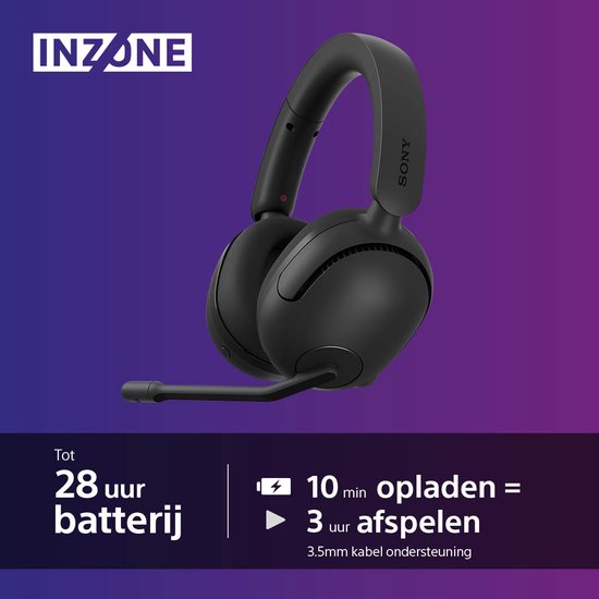 Zwarte Sony INZONE H5 gaming headset met 28 uur batterijduur en 10 min opladen voor 3 uur spelen.