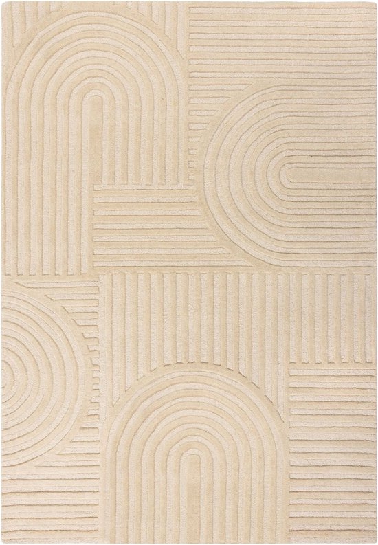 Een beige laagpolig vloerkleed met een modern geometrisch patroon van cirkels en lijnen.