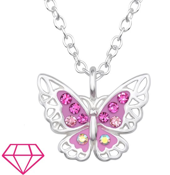 Joy|S - Zilveren vlinder hanger met ketting - zilver roze met roze kristalletjes - 39 cm (extra oogje op 36 cm) - voor kinderen