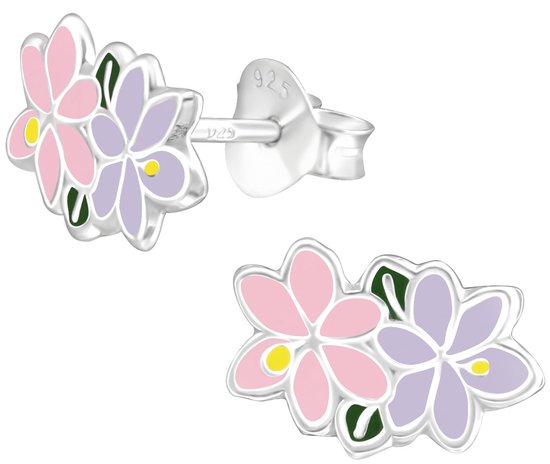 Joy|S - Zilveren bloem oorbellen - 7 x 10 mm - Jasmijn bloemen - roze paars - oorknoppen