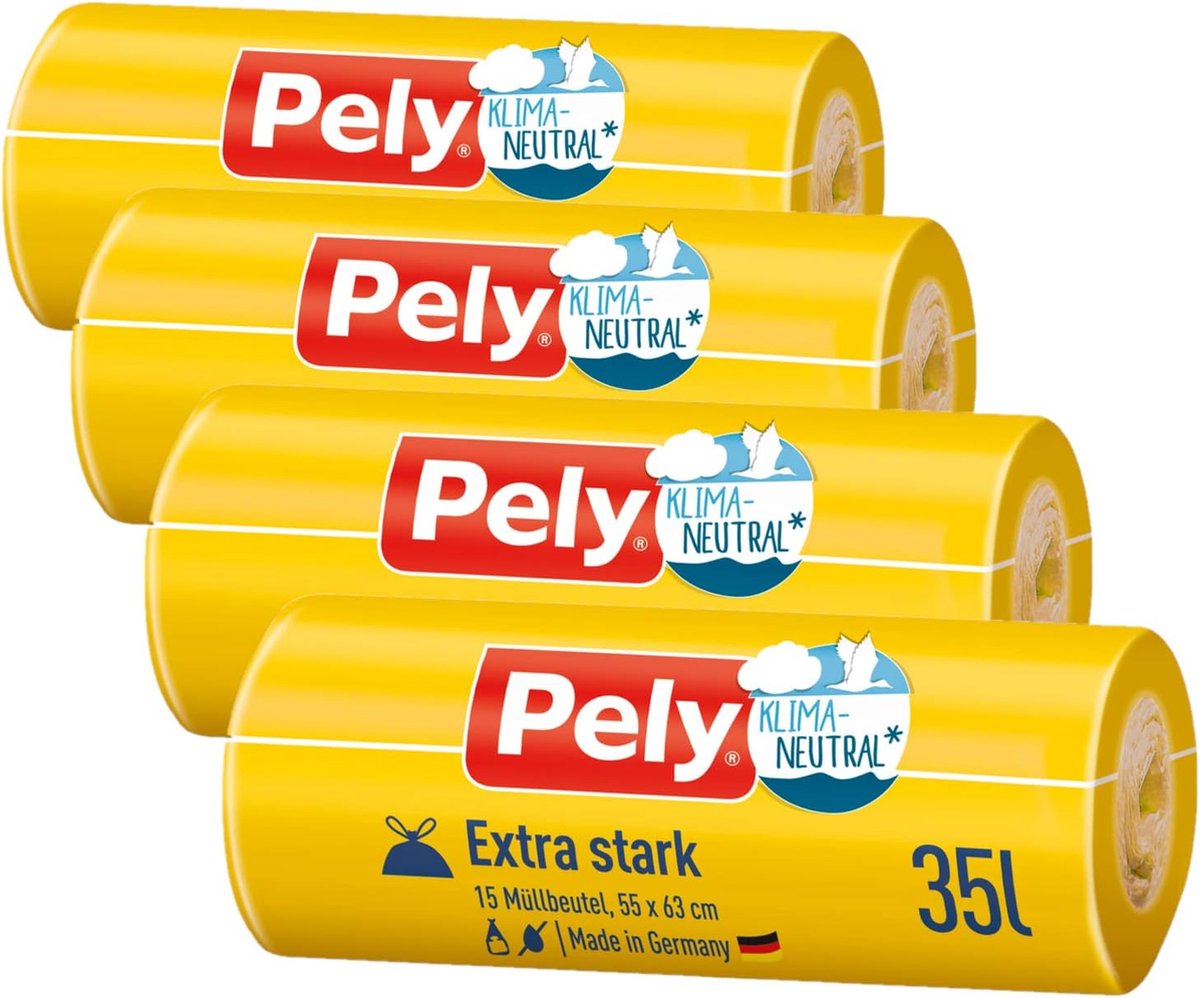 Goedkoopste Pely® | 4 x 15 extra sterke afvalzakken | 35 liter | klimaatneutraal | trekband zakken | pedaalemmer | 55 x 63 cm