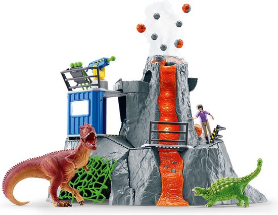 Speelgoed vulkaan met lava, klimop, kraan, 2 dinosaurussen, een figuur en rookpluim.