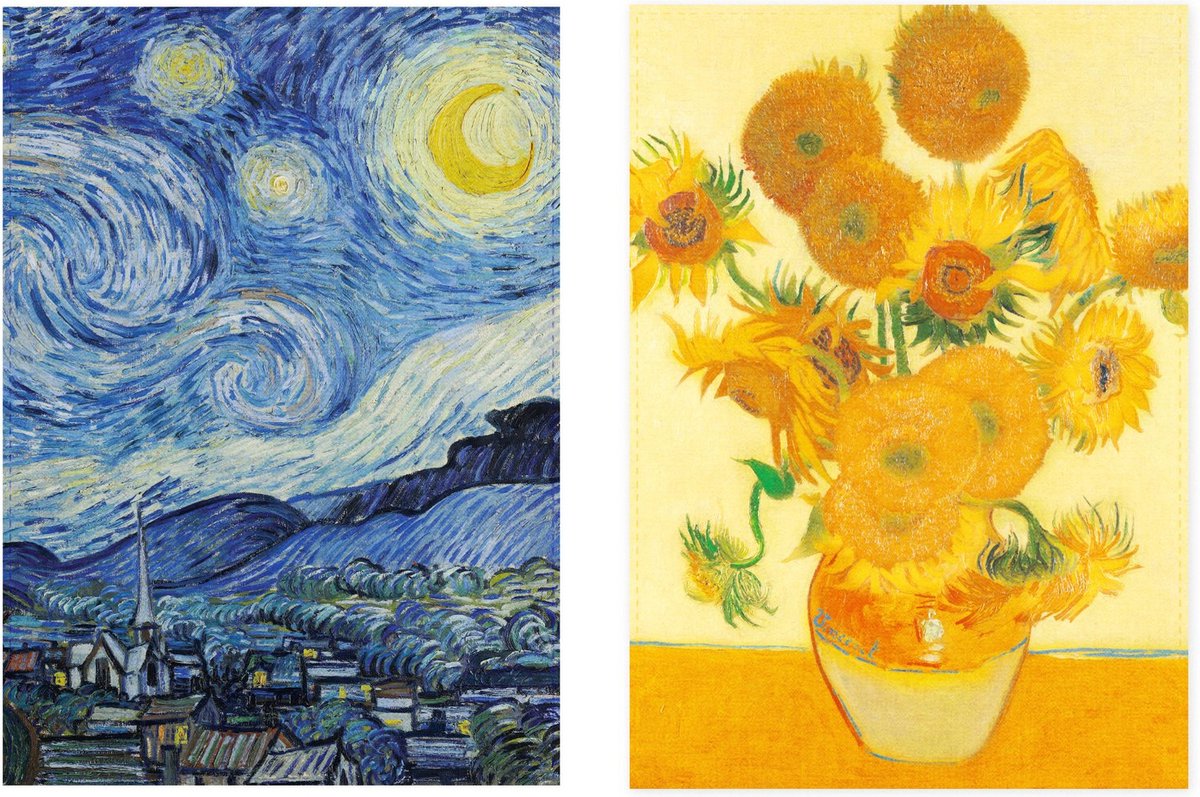 Set van 2 theedoeken - kunst collectie - Van Gogh Starry Nigh & Van Gogh Zonnebloemen - 100 % katoen 50 x 70 cm by supervintage