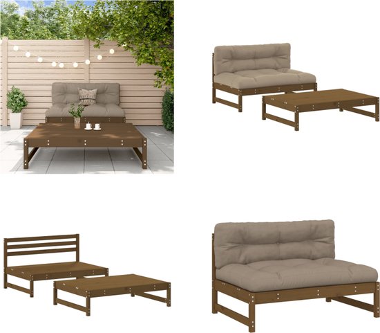 vidaXL - 2-delige - Loungeset - met - kussens - massief - hout - honingbruin